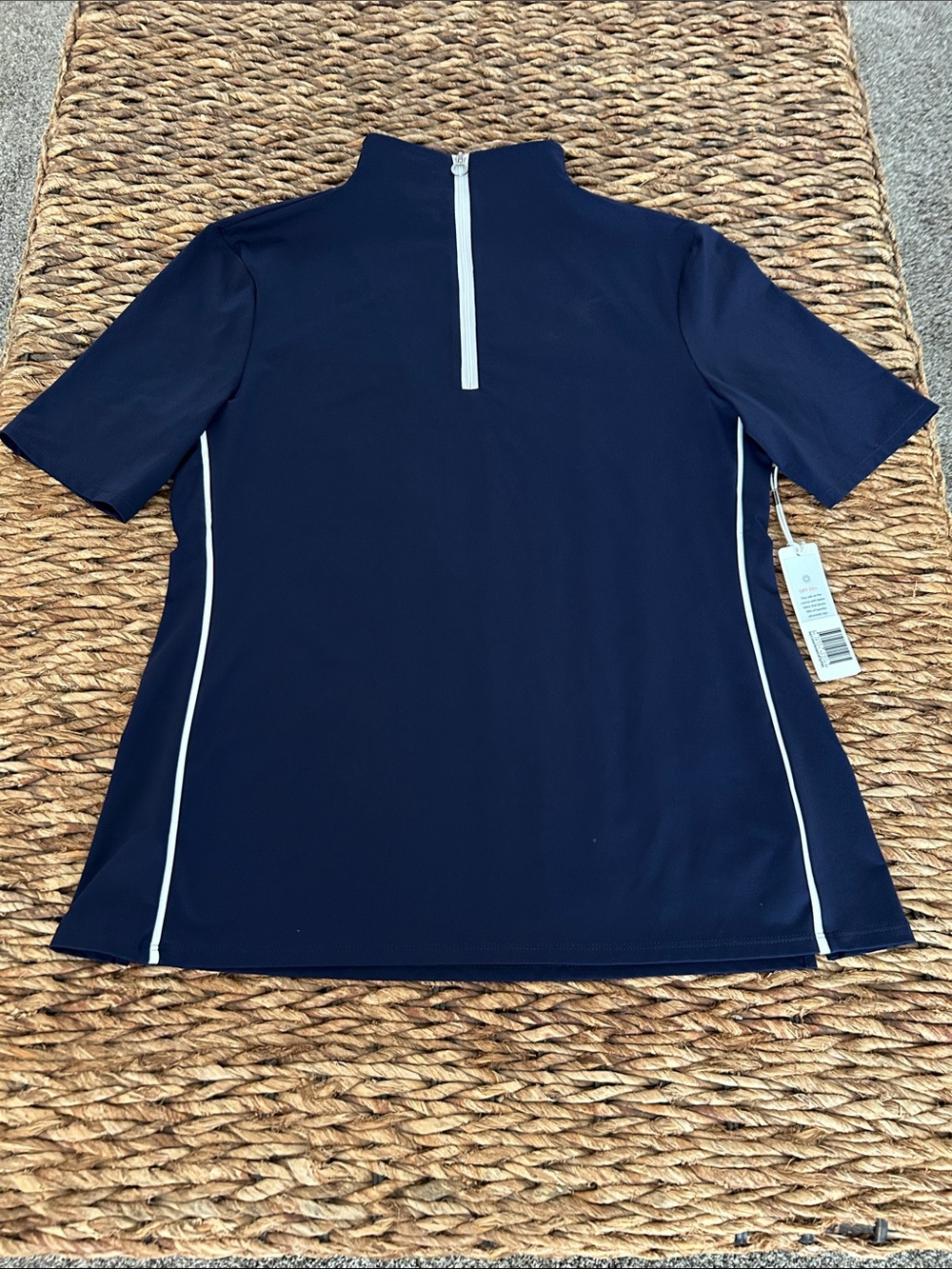 Kinona Navy Short-Sleeve Zip Mock Neck Top with White Piping
